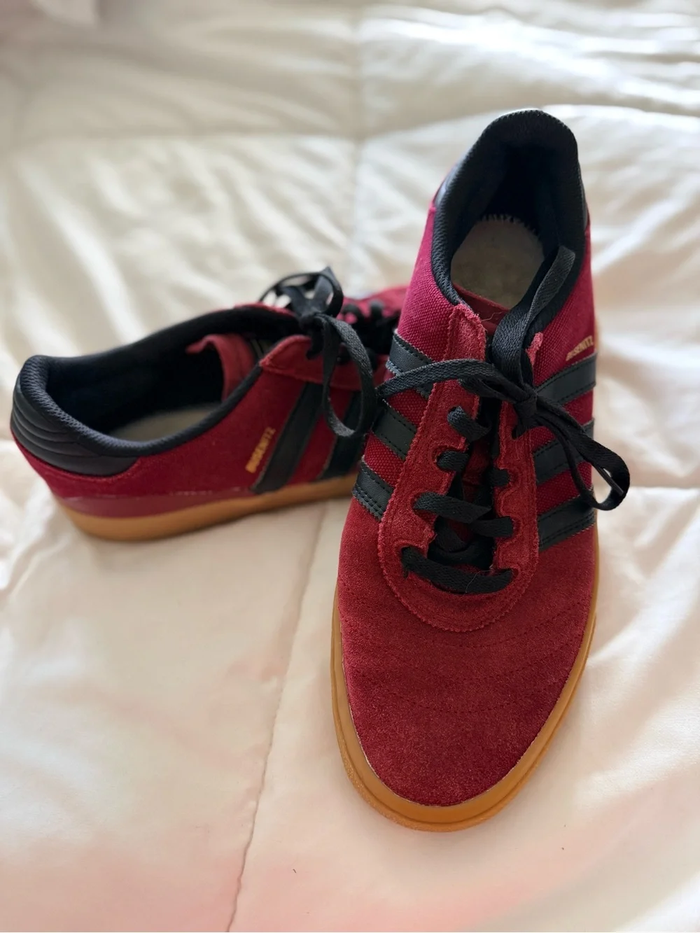 Adidas Busenitz Burgundy Suede Sneakers with Black Stripes and Gum Sole